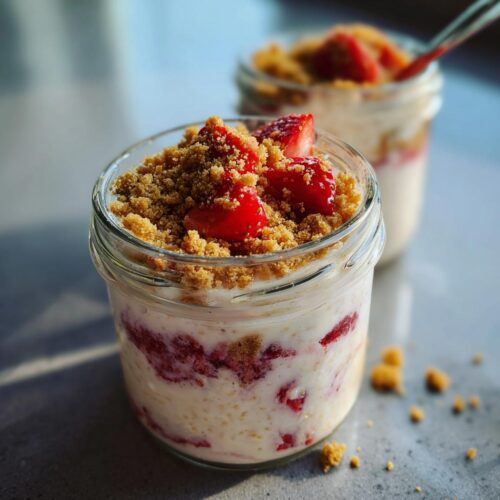 Close-up of Strawberry Cheesecake Overnight Oats with Graham Crumbs layered in a small glass jar.