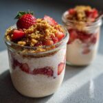 Close-up of Strawberry Cheesecake Overnight Oats with Graham Crumbs layered in a glass jar, topped with fresh strawberries.