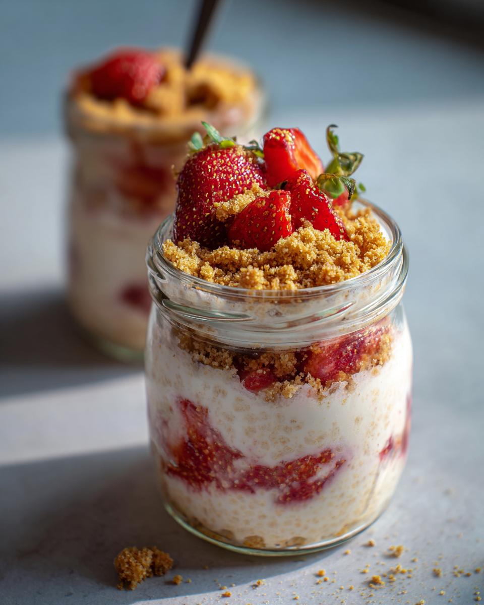 Close-up of Strawberry Cheesecake Overnight Oats with Graham Crumbs layered in a glass jar, topped with fresh strawberries.