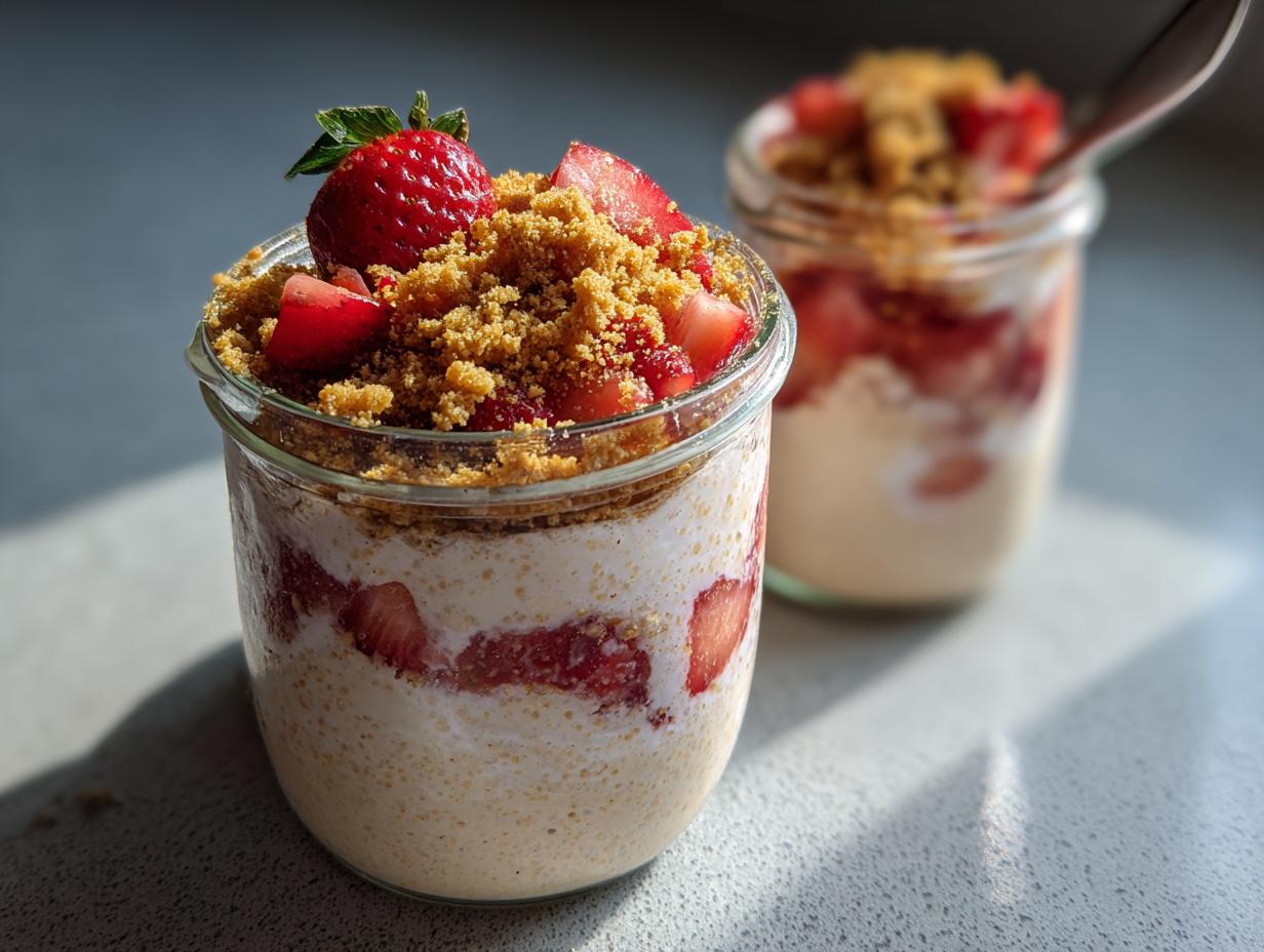 Close-up of Strawberry Cheesecake Overnight Oats with Graham Crumbs layered in a glass jar, topped with fresh strawberries.
