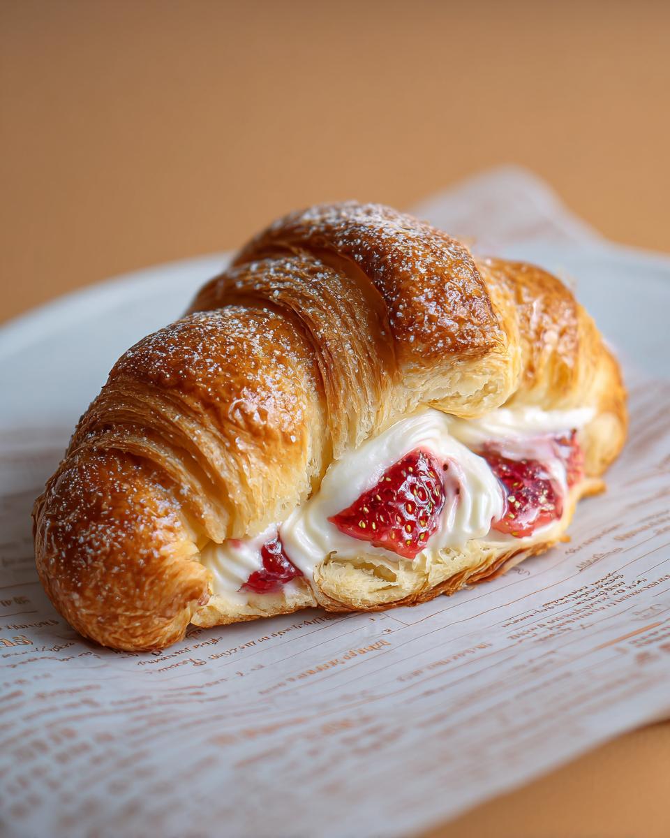 Close-up of a flaky pastry filled with cream cheese and fresh strawberries, resembling Strawberry Cheesecake Rolls.