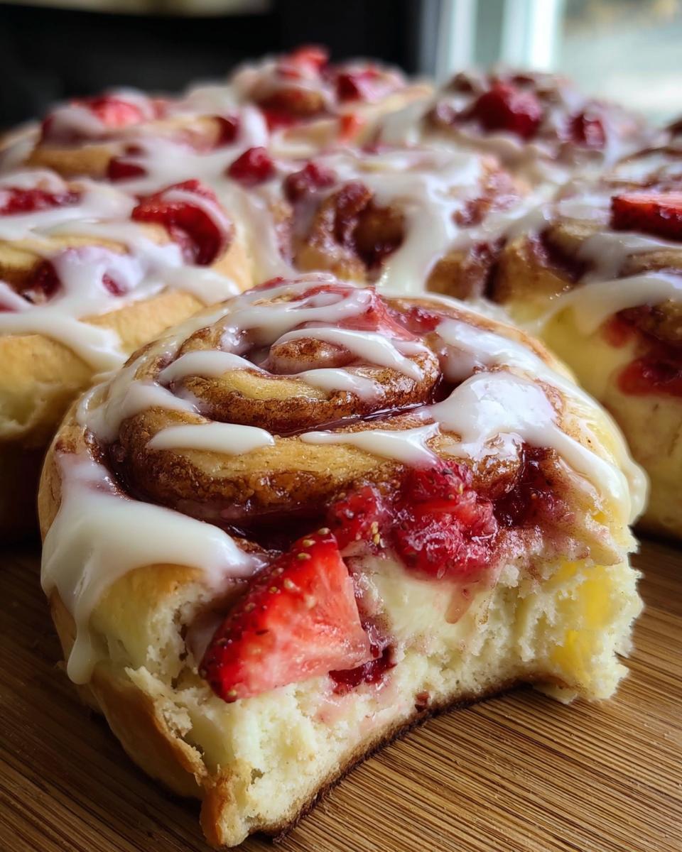 A close-up of a bitten Strawberry Cheesecake Rolls with Cream Cheese Icing, showing the soft dough and strawberry filling.