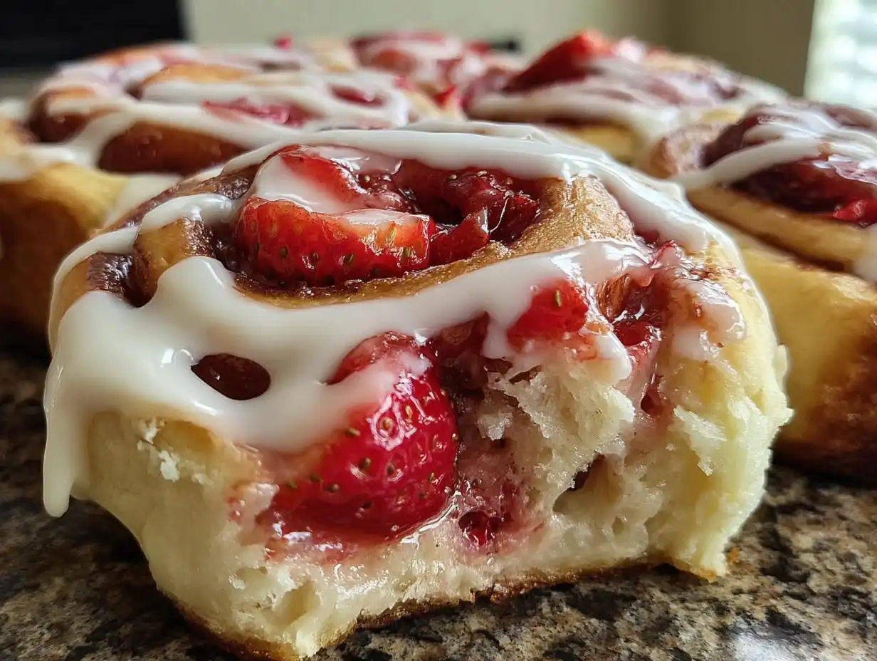 A close-up of a soft, fluffy Strawberry Cheesecake Roll topped with cream cheese icing and fresh strawberry filling.