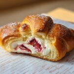 Close-up of a Strawberry Cheesecake Rolls made with crescent dough, cut open to show creamy filling and strawberries.
