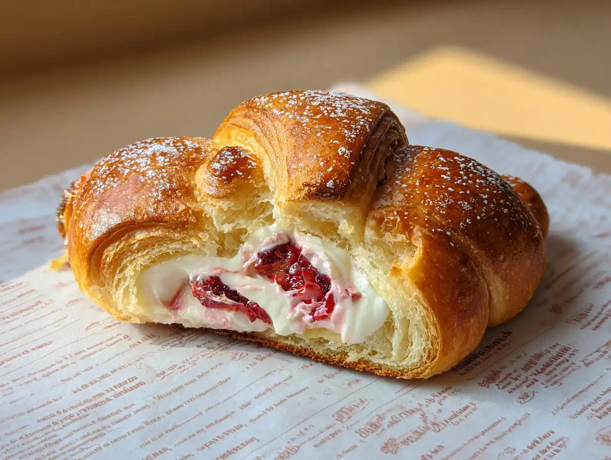 Close-up of a Strawberry Cheesecake Rolls made with crescent dough, cut open to show creamy filling and strawberries.