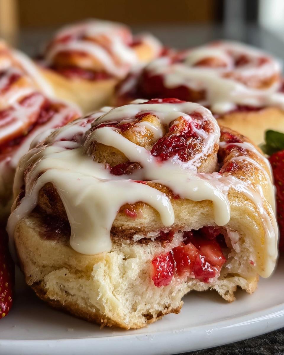 A close-up of a soft Strawberry Cheesecake Roll with a bite taken out, showing strawberry filling and drizzled with thick cream cheese icing.