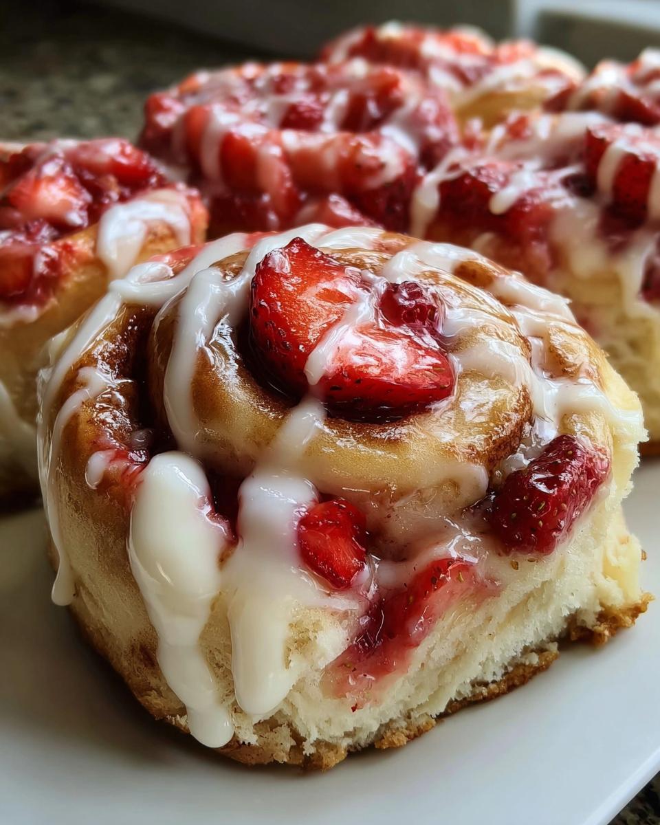 Close-up of a freshly baked Strawberry Cheesecake Rolls topped with cream cheese icing and sliced strawberries.