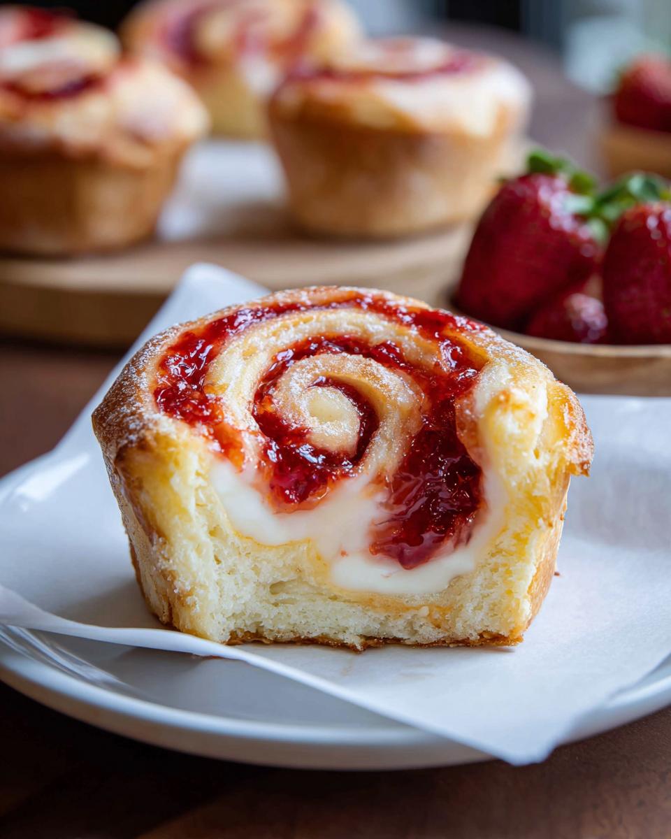 Close-up of a Strawberry Cheesecake Roll cut in half, showing creamy filling and strawberry jam swirl.