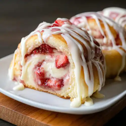 A close-up of a freshly baked Strawberry Cheesecake Roll filled with cream cheese and strawberries, topped with white chocolate drizzle.