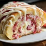 A cross-section of a warm Strawberry Cheesecake Roll oozing with filling and topped with white chocolate drizzle.
