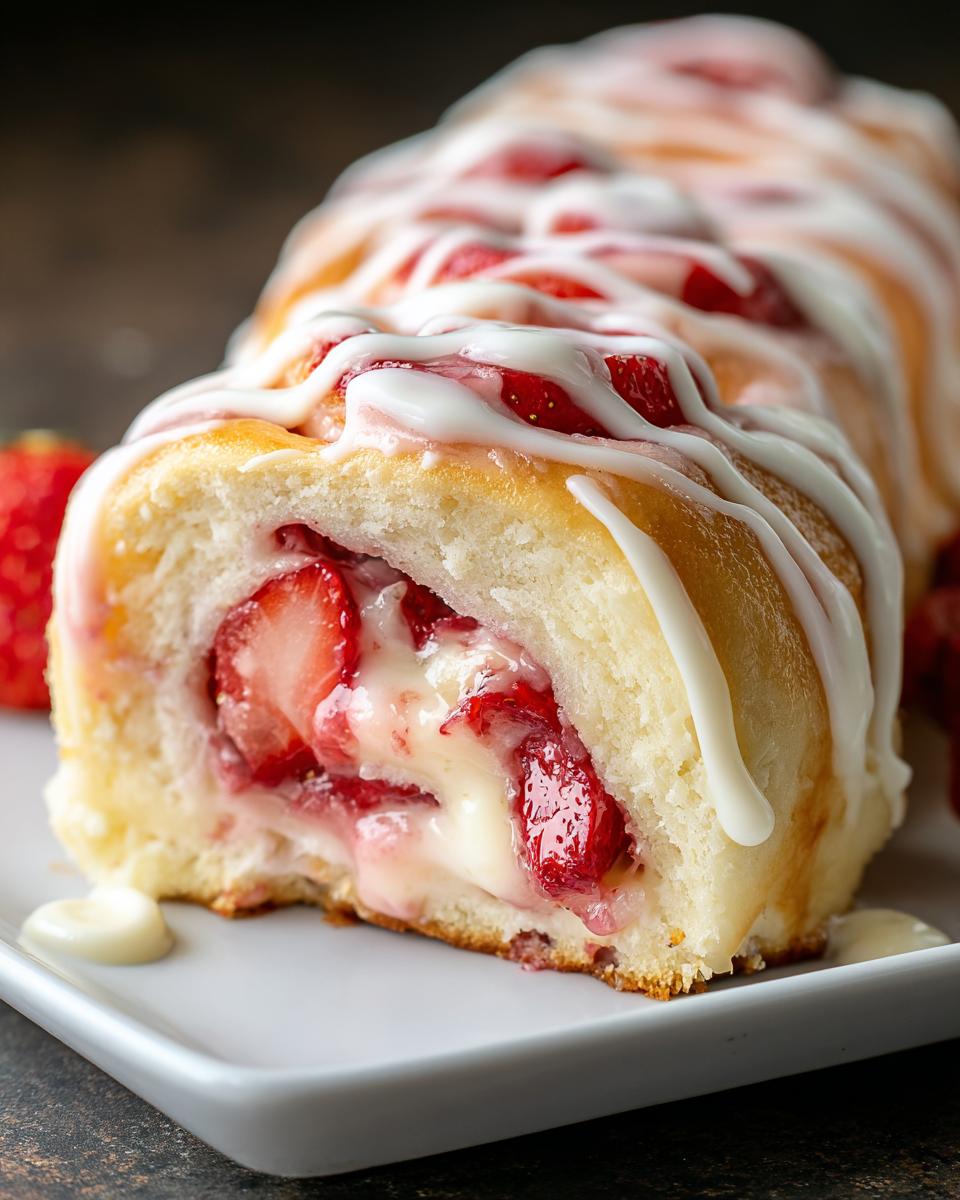 A cross-section of a soft yeast roll filled with strawberries and cream cheese, topped with white chocolate drizzle, showing Strawberry Cheesecake Rolls.