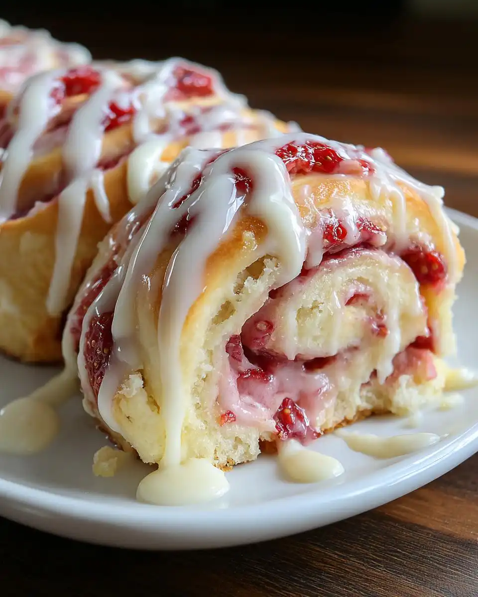 A close-up of soft Strawberry Cheesecake Rolls generously topped with white chocolate drizzle on a white plate.