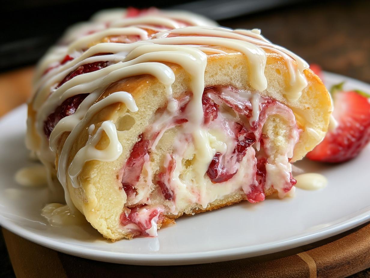 A cross-section of a warm Strawberry Cheesecake Roll oozing with filling and topped with white chocolate drizzle.