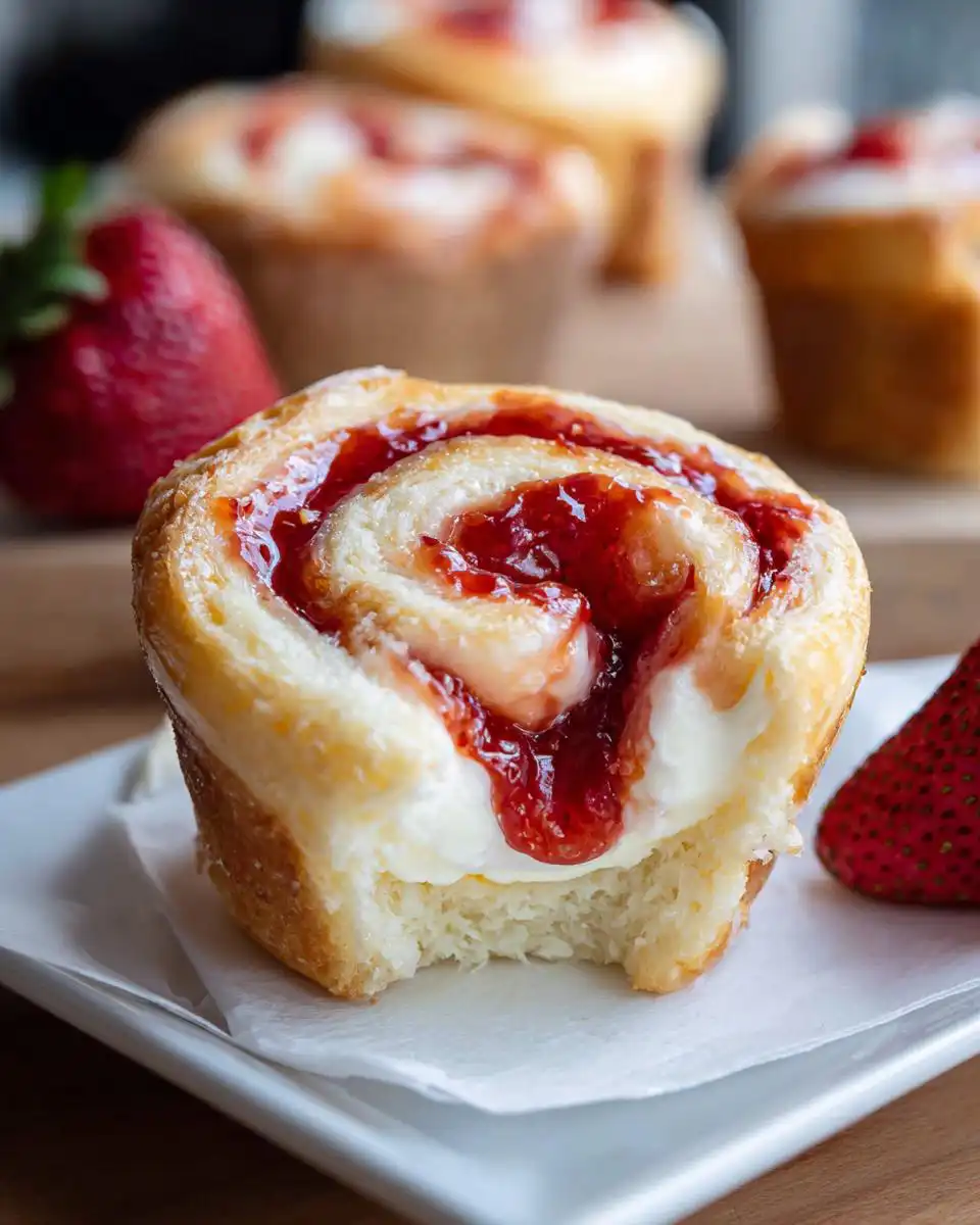 A close-up of a Strawberry Cheesecake Roll with a bite taken out, showing creamy filling and strawberry jam swirl.