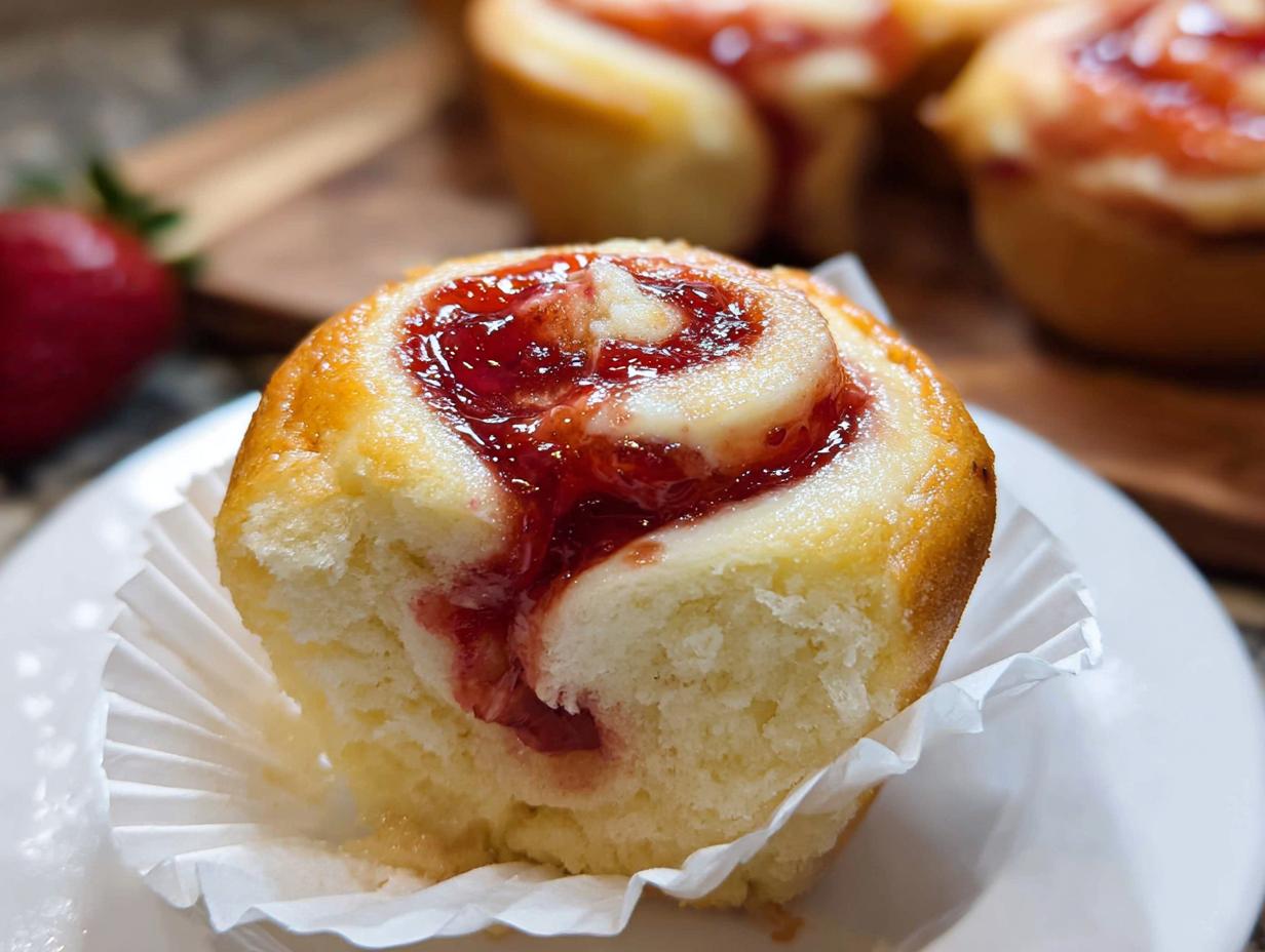 A close-up of a soft, golden Strawberry Cheesecake Roll topped with a swirl of bright red strawberry jam.