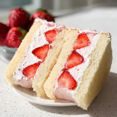 Two triangular halves of a Strawberry Cream Sandwich showing layers of fluffy white bread, pink cream, and sliced strawberries.