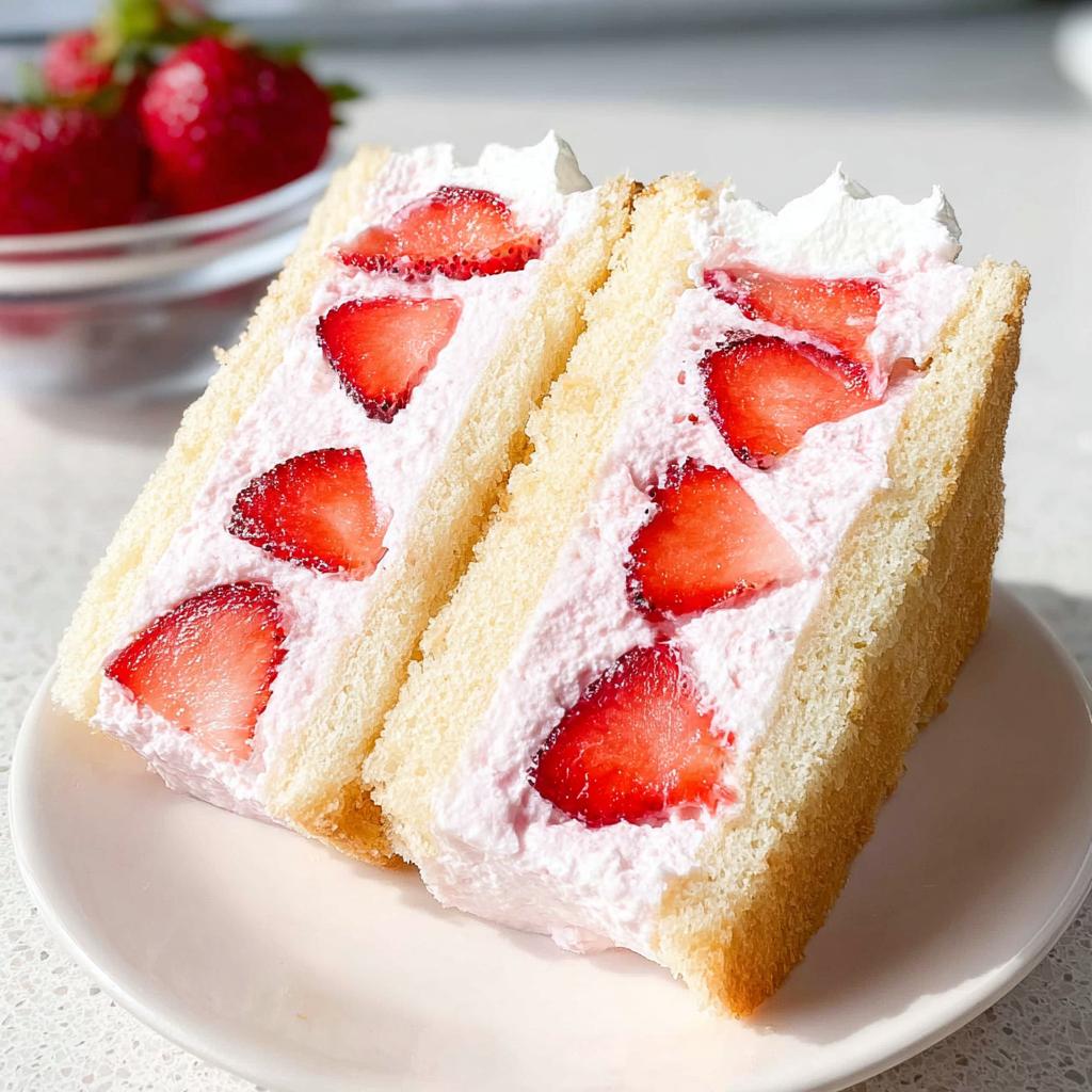 Two halves of a fluffy Strawberry Cream Sandwich filled with pink cream and fresh strawberry slices.