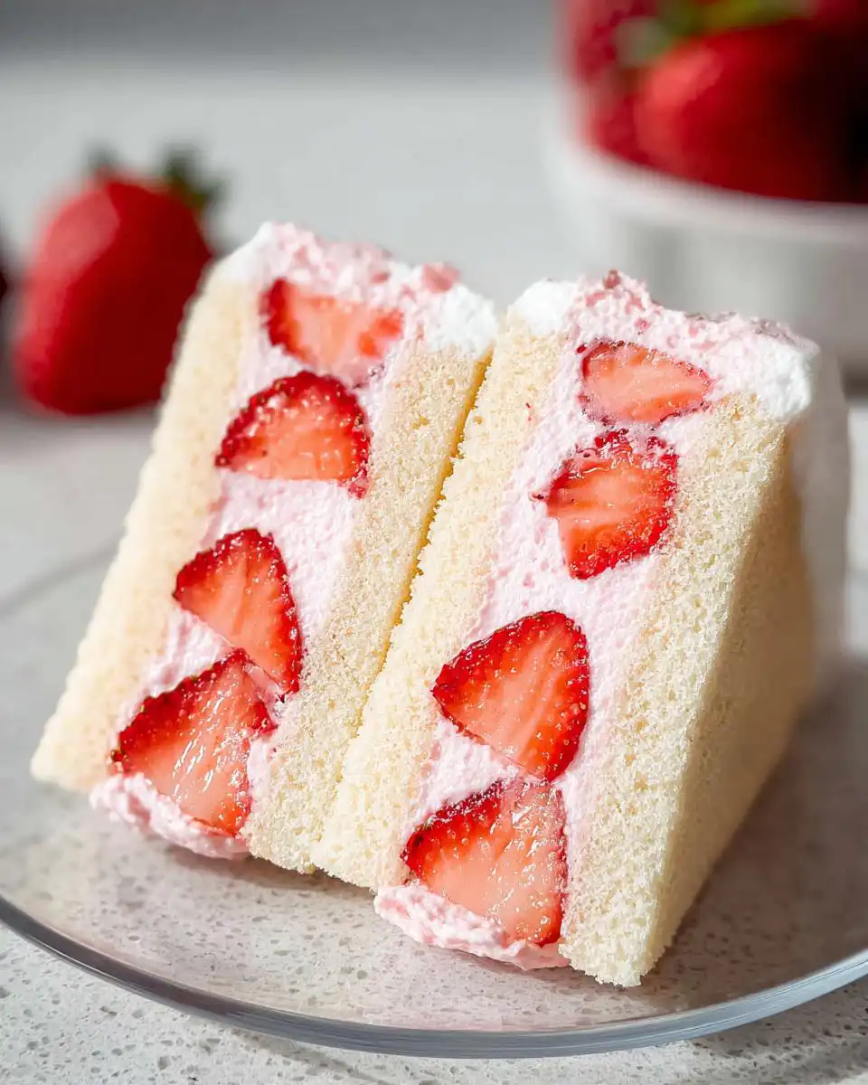Two triangular slices of fluffy Strawberry Cream Sandwich filled with pink cream and fresh strawberry pieces.