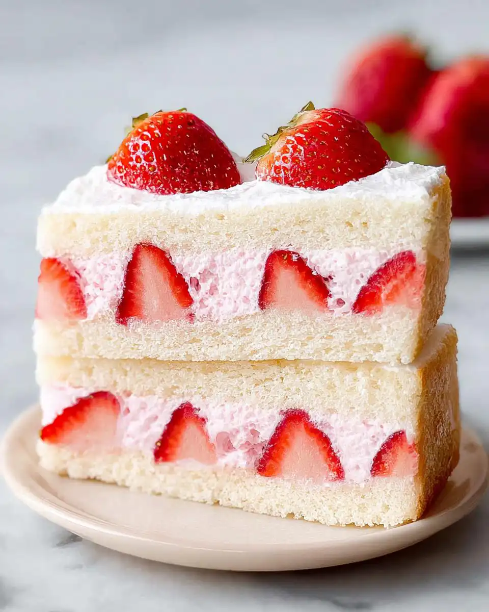 Close-up of two stacked slices of Strawberry Cream Sandwich showing fluffy white bread, pink cream, and fresh strawberry slices.
