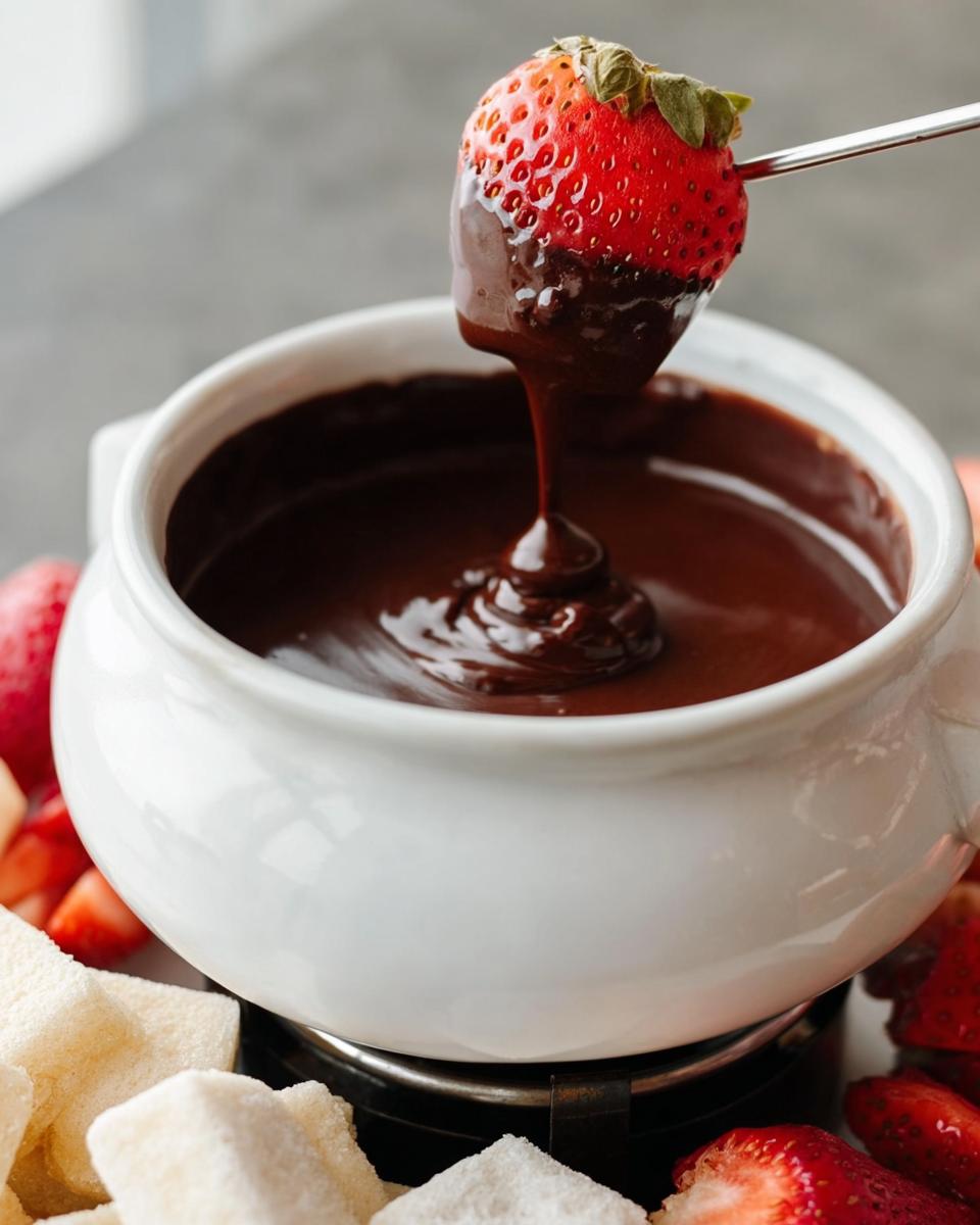 A fresh strawberry being dipped into rich Chocolate Fondue with Heavy Cream using a fondue fork.
