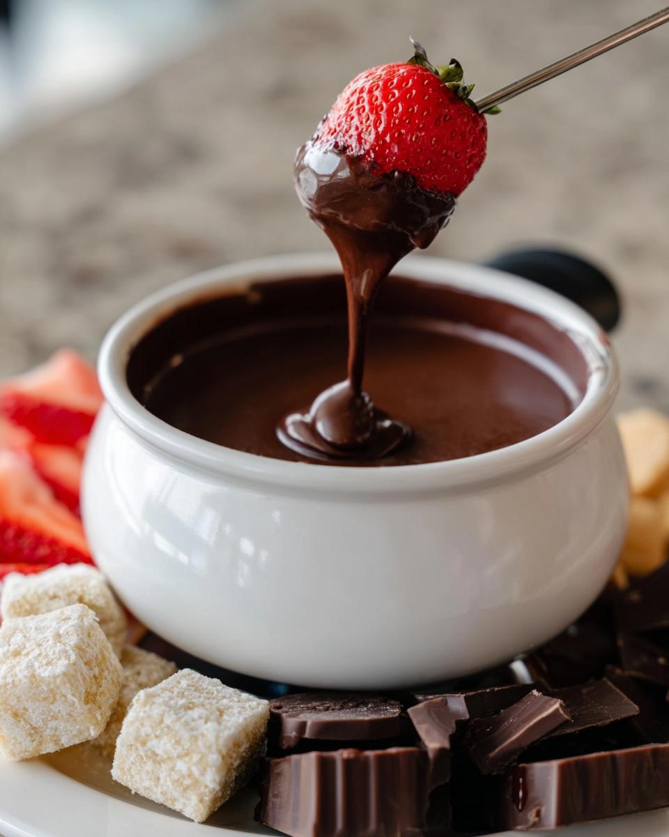 A strawberry being dipped into a white bowl of rich Chocolate Fondue with Heavy Cream, surrounded by dipping items.