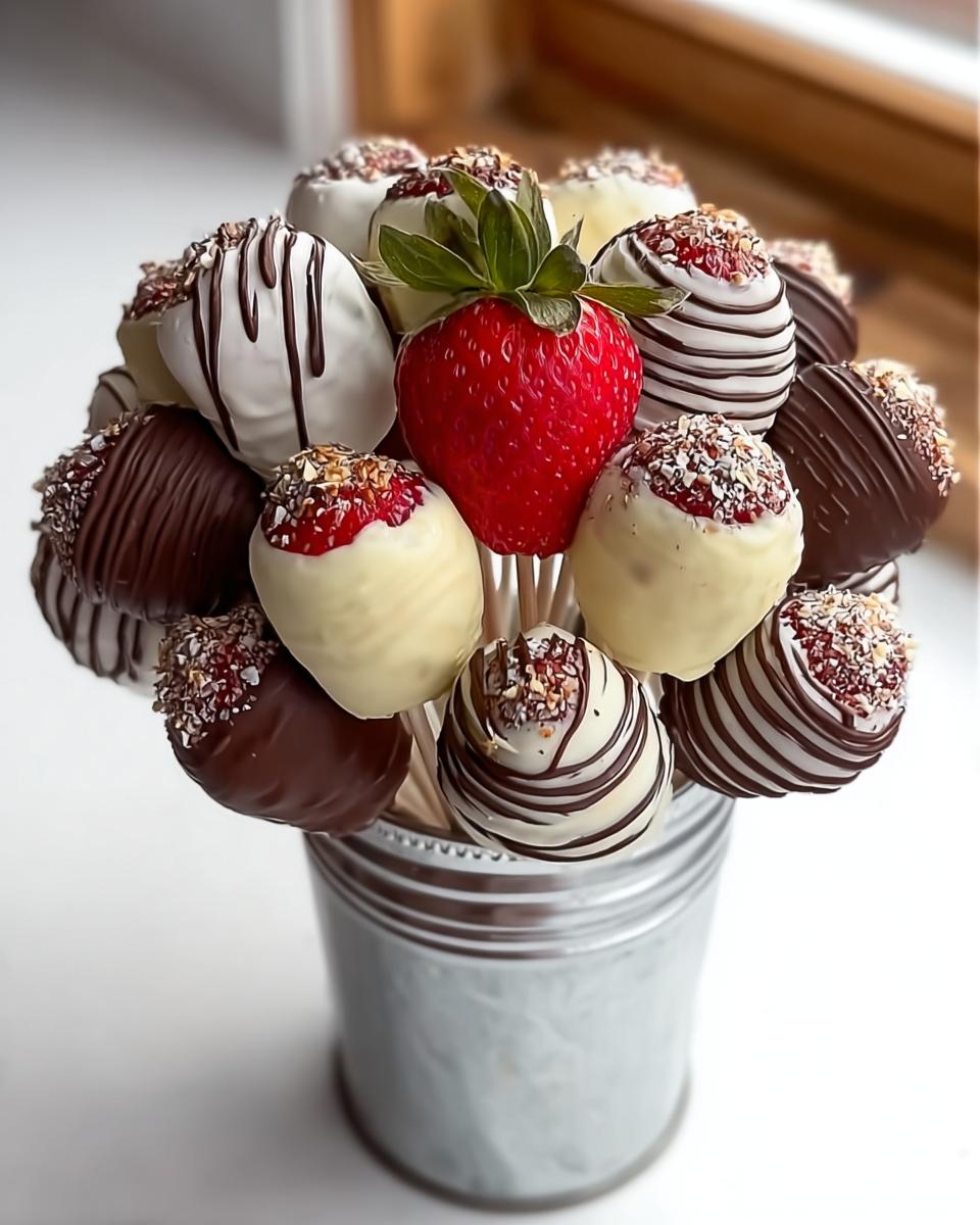 A bouquet of chocolate-dipped strawberries, some white chocolate and some dark, arranged in a silver tin, part of a Strawberry and Marshmallow Dessert Bouquet.
