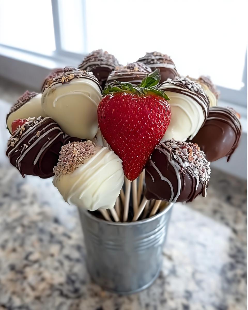 A beautiful Strawberry and Marshmallow Dessert Bouquet featuring chocolate-dipped treats and one fresh strawberry centerpiece in a silver tin.