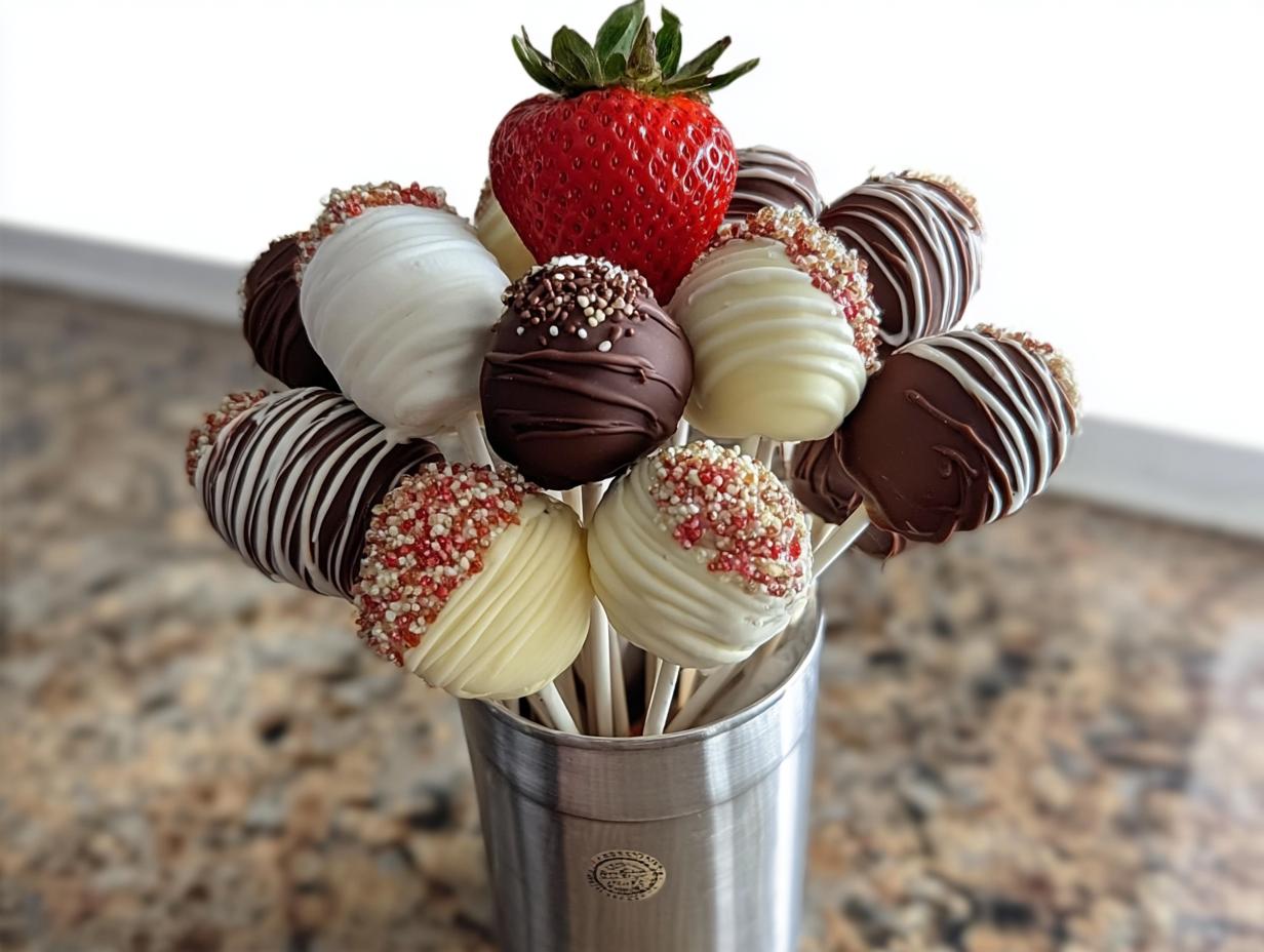 A bouquet of chocolate-dipped strawberries and marshmallows on sticks, featuring white and dark chocolate coatings and sprinkles.