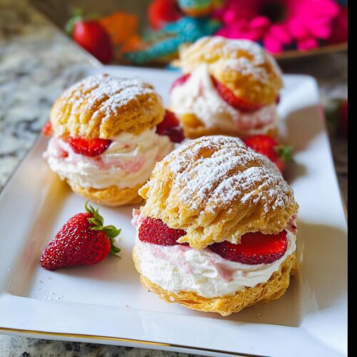 Close-up of three Strawberry Puff Pastry Cream Puffs filled with whipped cream and fresh strawberries, dusted with powdered sugar.