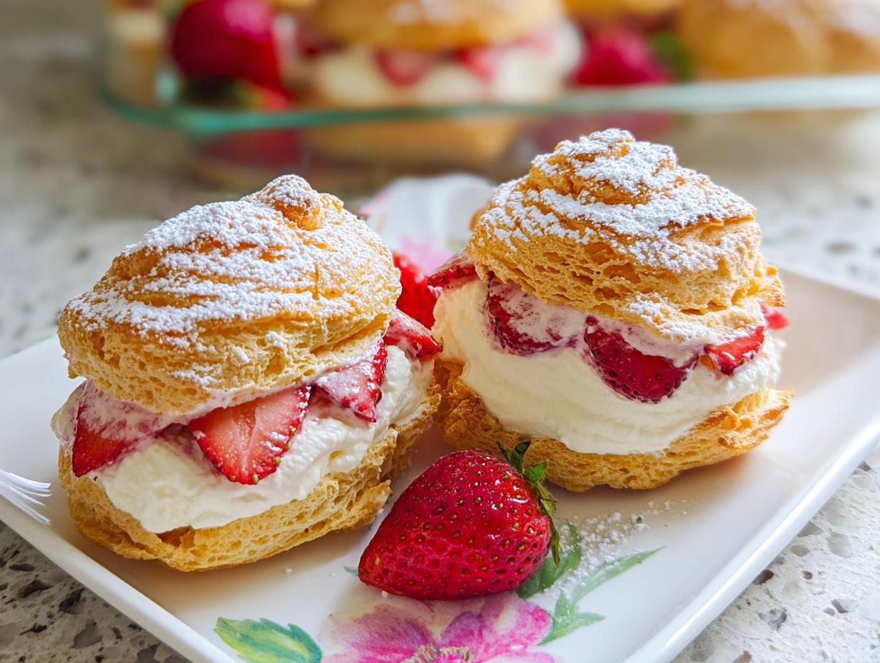 Two Strawberry Puff Pastry Cream Puffs filled with cream and sliced strawberries, dusted with powdered sugar.