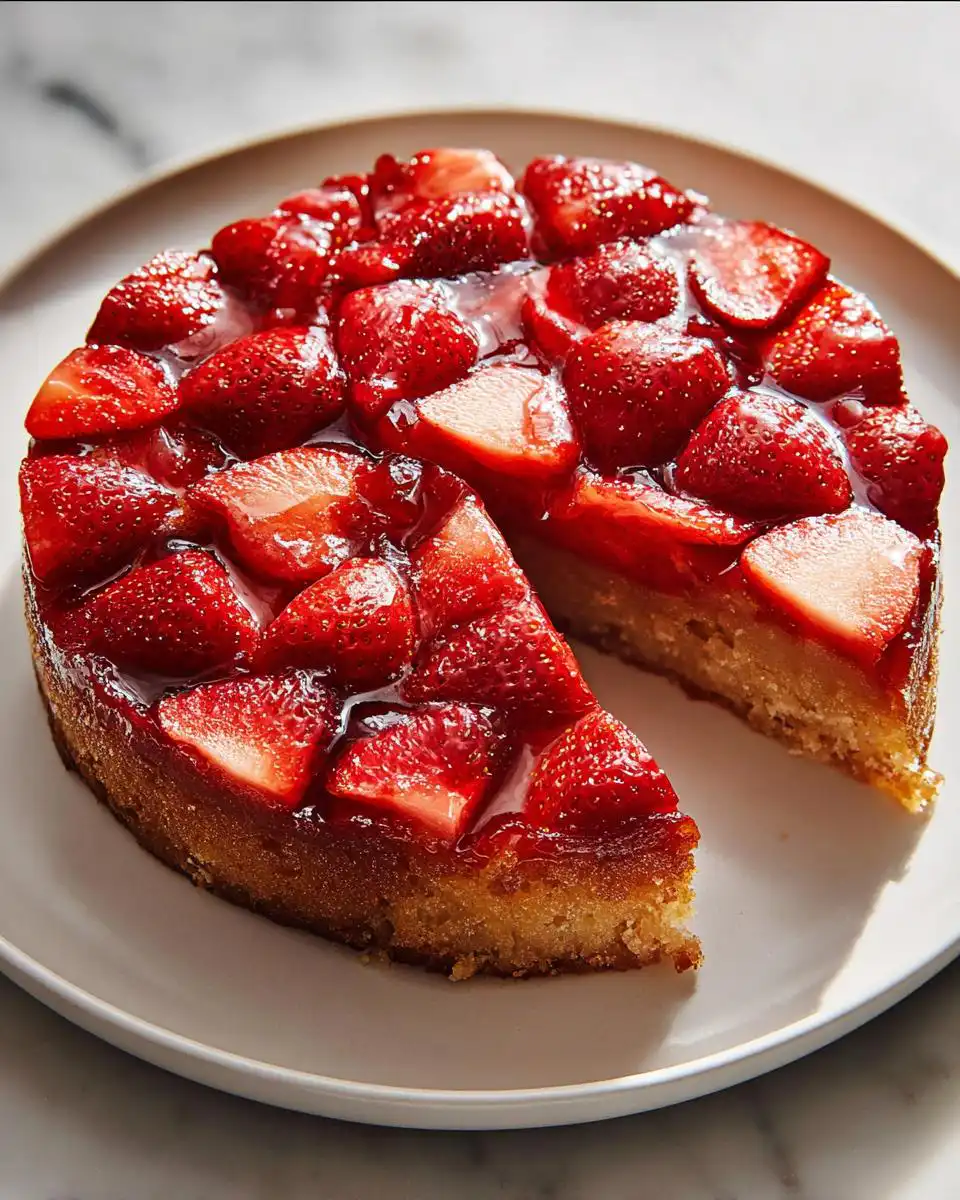 A moist Strawberry Upside Down Cake with a slice removed, showing glazed strawberries on top and a golden crumb.