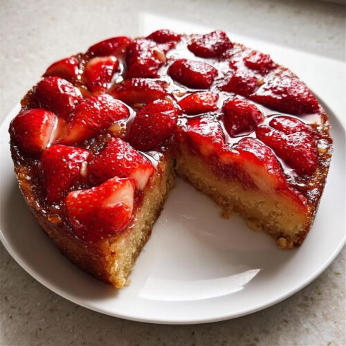 A whole Strawberry Upside Down Cake with a slice cut out, revealing the moist cake base and glazed strawberries.