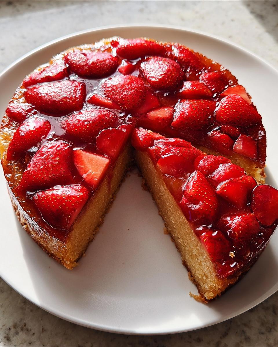 A beautiful Strawberry Upside Down Cake with a slice cut out, revealing the moist cake base and glossy strawberry topping.