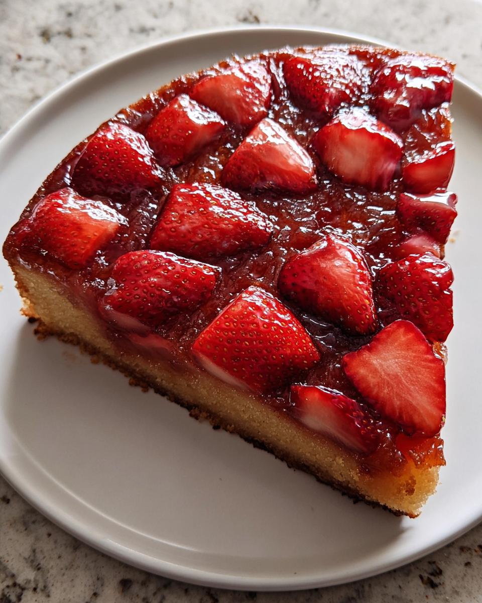 A close-up of a wedge slice of Strawberry Upside Down Cake showing the bright red glazed strawberries on top of the golden cake base.