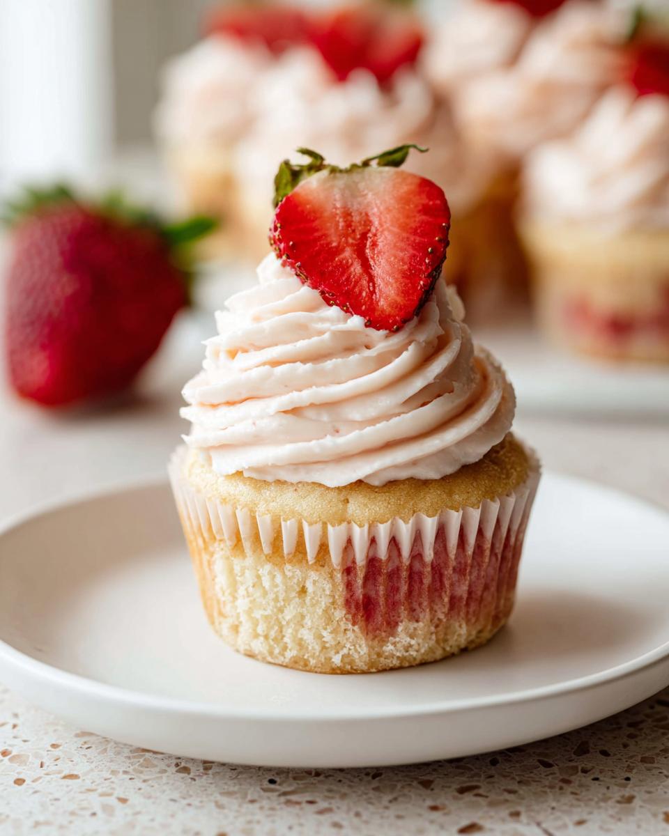 Close-up of a single Strawberry Valentine Cupcake with whipped pink frosting topped with a fresh strawberry slice.