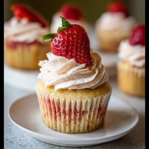 A close-up of one of the Strawberry Valentine Cupcakes with Whipped Frosting, topped with a fresh strawberry.