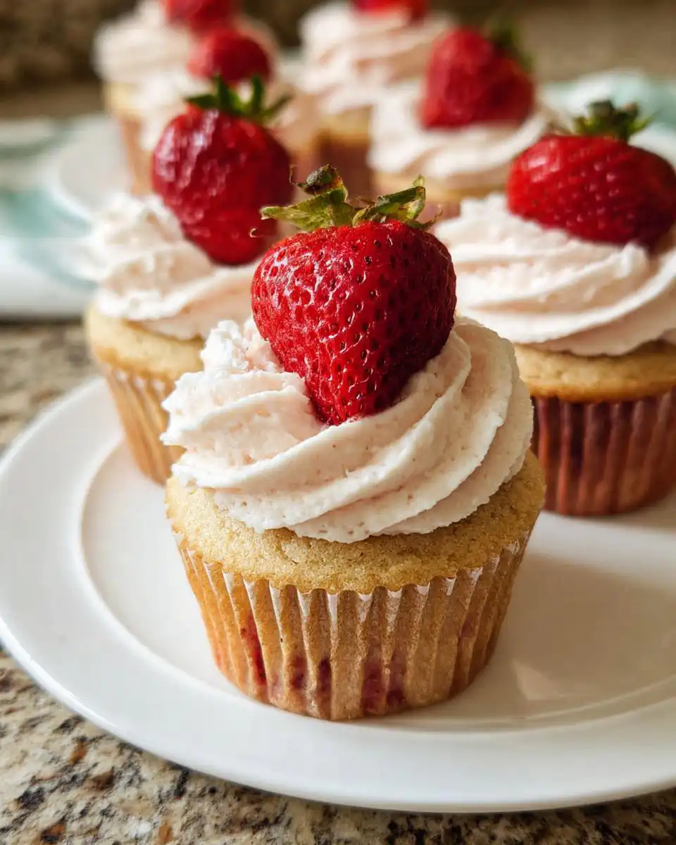 A close-up of one of the Strawberry Valentine Cupcakes with Whipped Frosting, topped with a fresh strawberry.