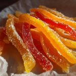 Close-up of bright orange and red strips of sugared Spiced Mixed Peel for Baking resting on parchment paper.