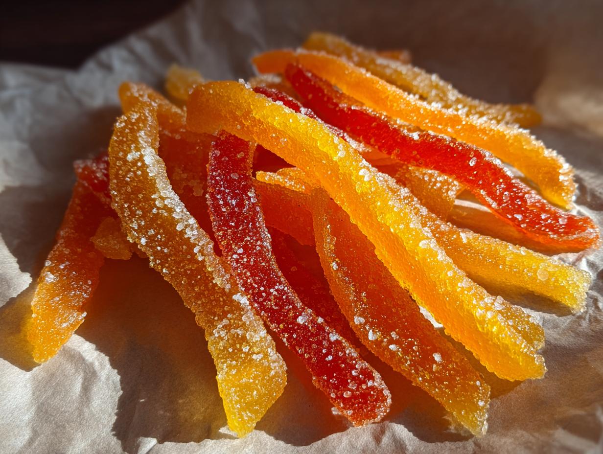 Close-up of bright orange and red strips of sugared Spiced Mixed Peel for Baking resting on parchment paper.