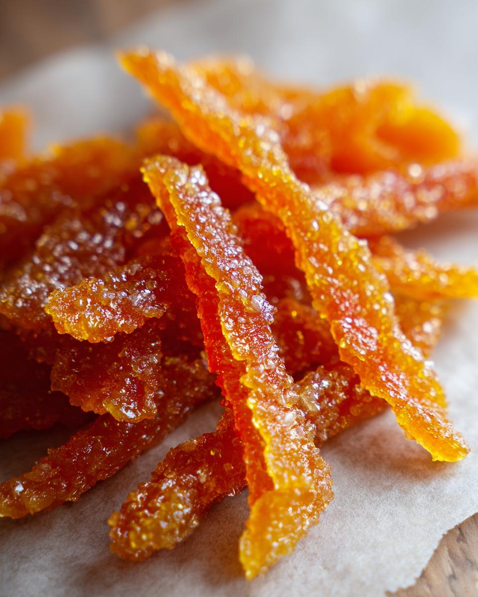 Close-up of bright orange, crystallized strips of Spiced Mixed Peel for Baking resting on parchment paper.