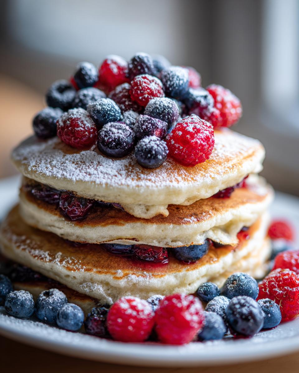 A tall stack of fluffy pancakes topped with fresh raspberries, blueberries, and powdered sugar, perfect as a Sweet Brunch Idea.