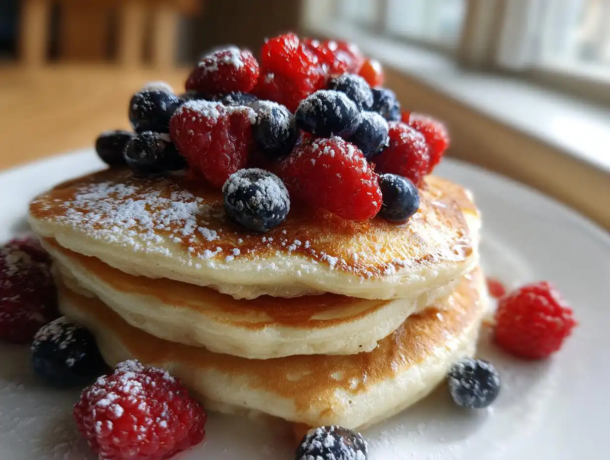 A tall stack of fluffy pancakes topped with fresh raspberries, blueberries, and powdered sugar, perfect for a sweet brunch idea.