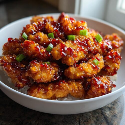 Close-up of crispy Sweet Chili Dragon Chicken pieces coated in glossy sauce and garnished with green onions, served over white rice.