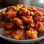 Crispy pieces of Sweet Chili Dragon Chicken coated in a glossy, spicy sauce, served over white rice and garnished with green onions.