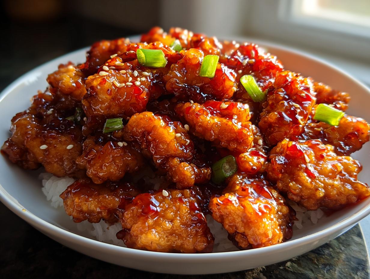 Crispy pieces of Sweet Chili Dragon Chicken coated in a glossy, spicy sauce, served over white rice and garnished with green onions.