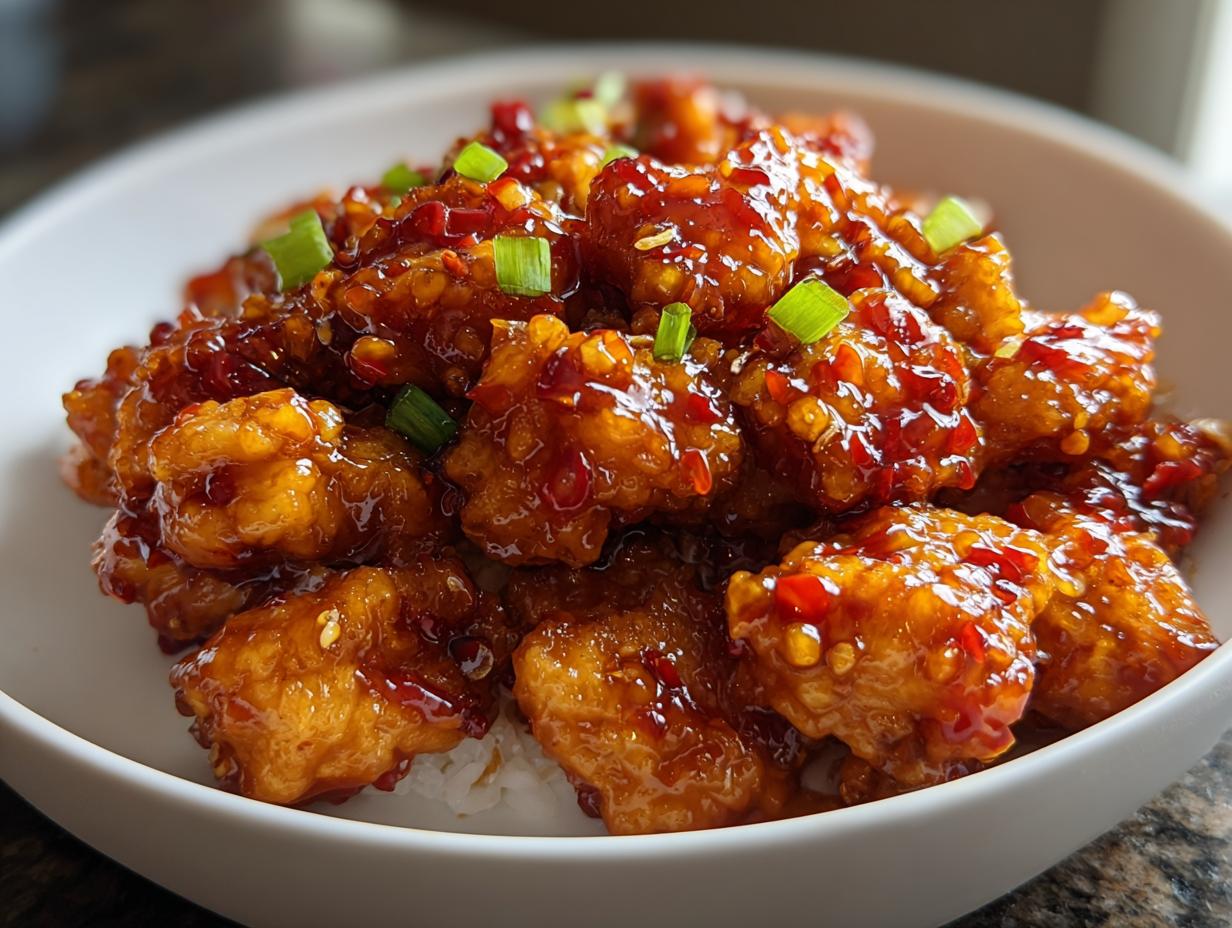 Close-up of crispy Sweet Chili Dragon Chicken pieces coated in a glossy, spicy sauce, served over white rice and garnished with green onions.