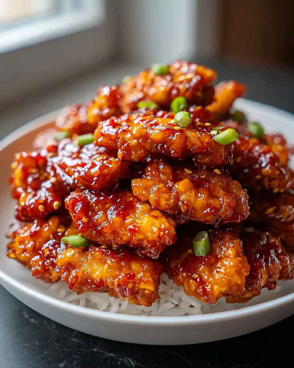 Close-up of crispy Sweet Chili Dragon Chicken pieces coated in a glossy sauce, served over white rice and garnished with green onions.