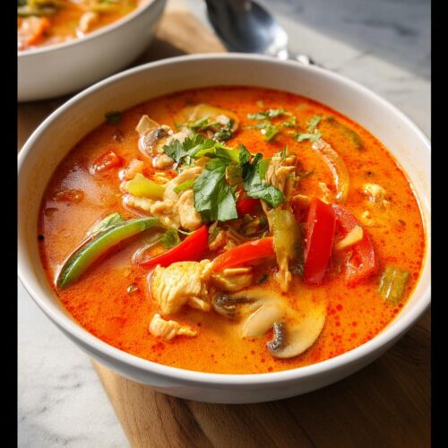 Close-up of a rich, orange Thai Red Curry Chicken Soup filled with chicken, mushrooms, red peppers, and cilantro.