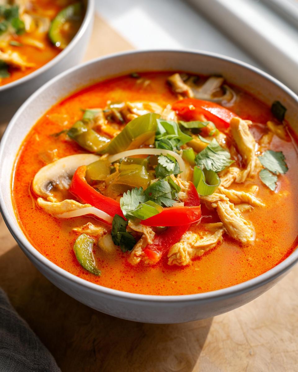 Close-up of a bowl of bright orange Thai Red Curry Chicken Soup topped with peppers and cilantro.