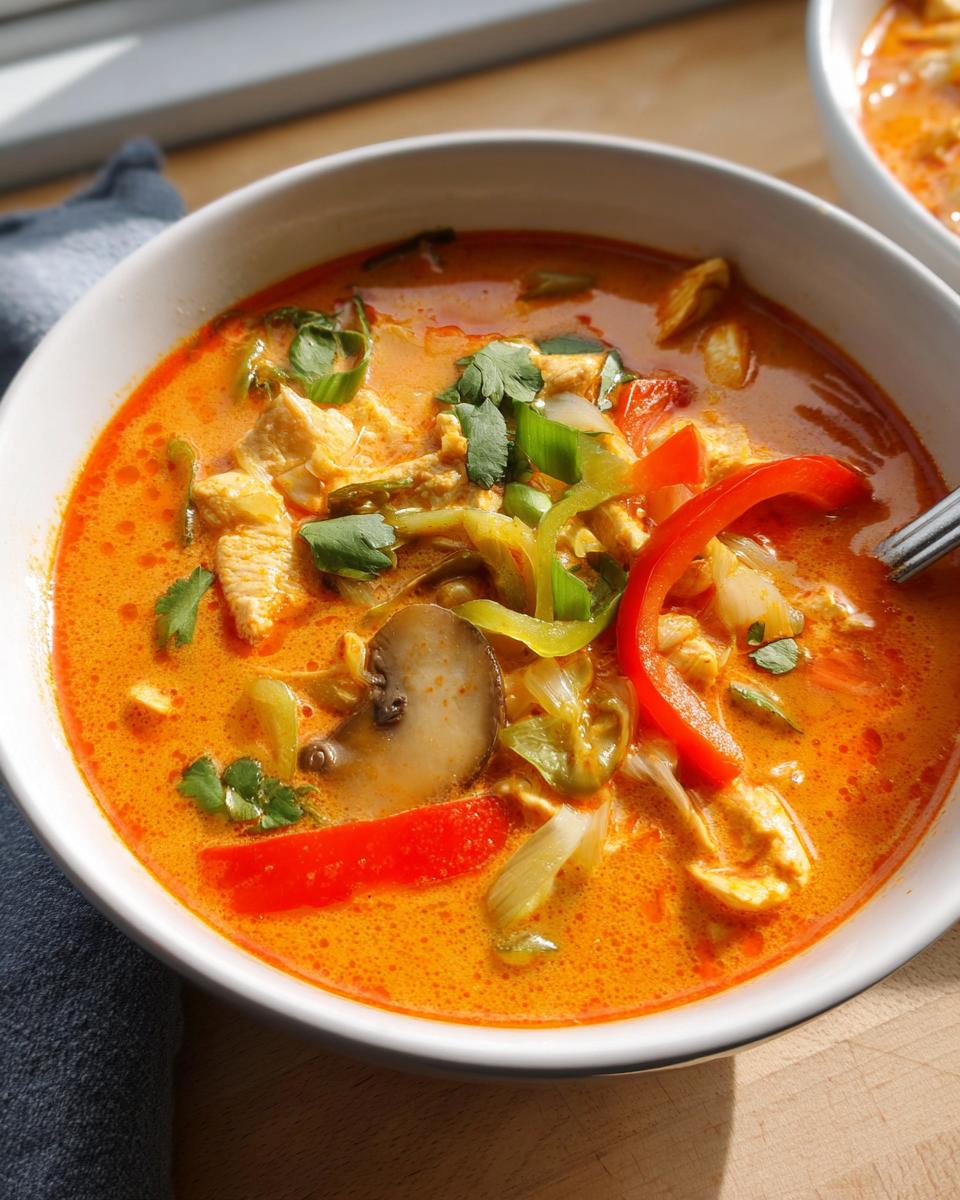 Close-up of a rich, orange Thai Red Curry Chicken Soup filled with chicken, mushrooms, and colorful peppers.